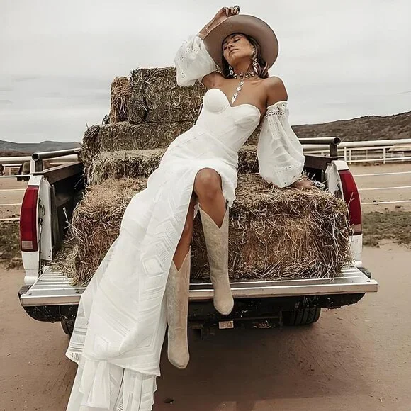 Women's Beige UBWDU Suede Cowboy Knee High Boots Pointed Toe Heel Embroidered - Picture 5 of 6